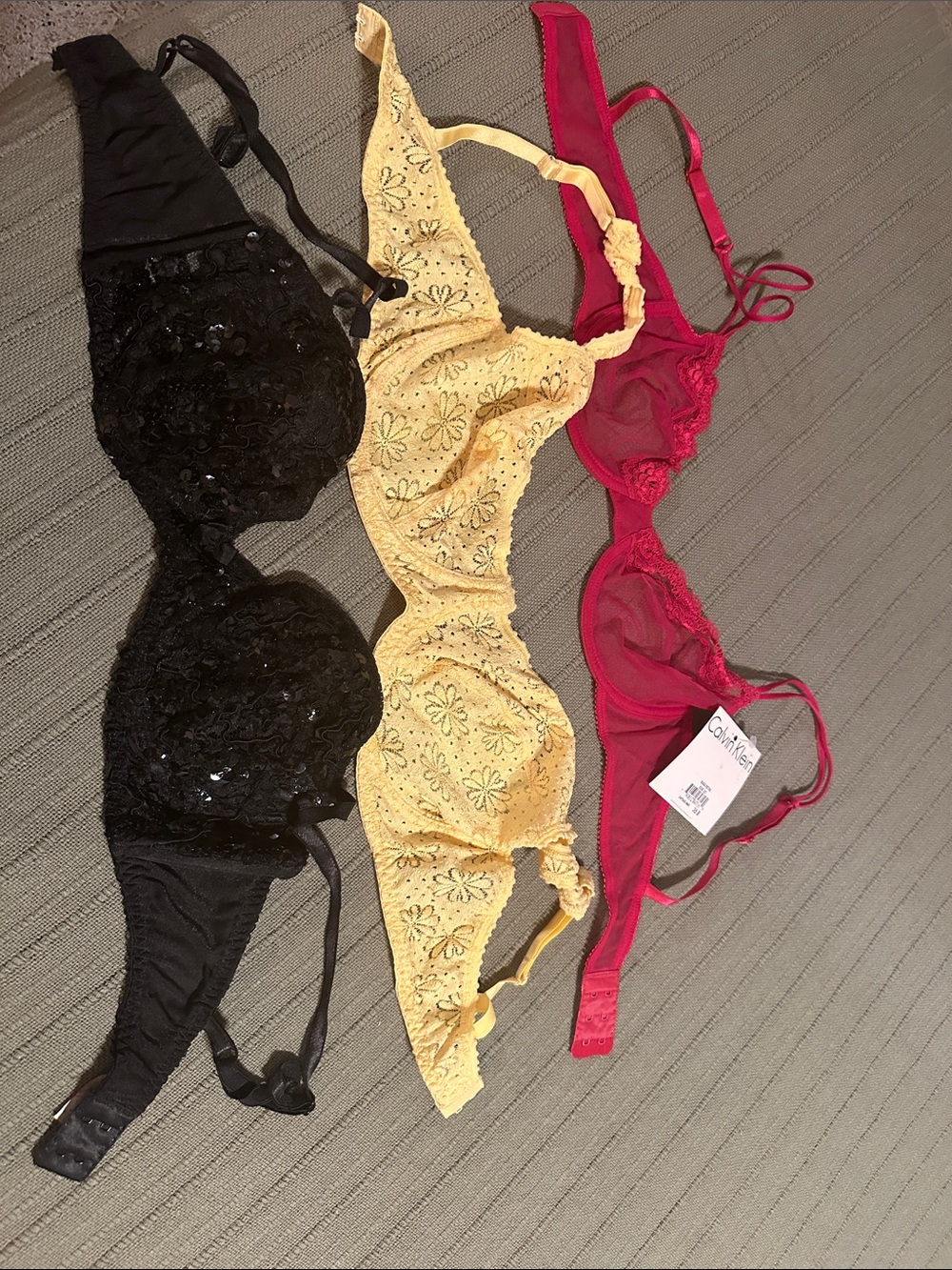 3-Pack Women's Lace & Embellished Bras - Black, Yellow, Red